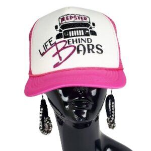 Jeepster Life Behind Bars White & Pink Cap Shiny Glit Ltrg and Swrk. Crystals.
